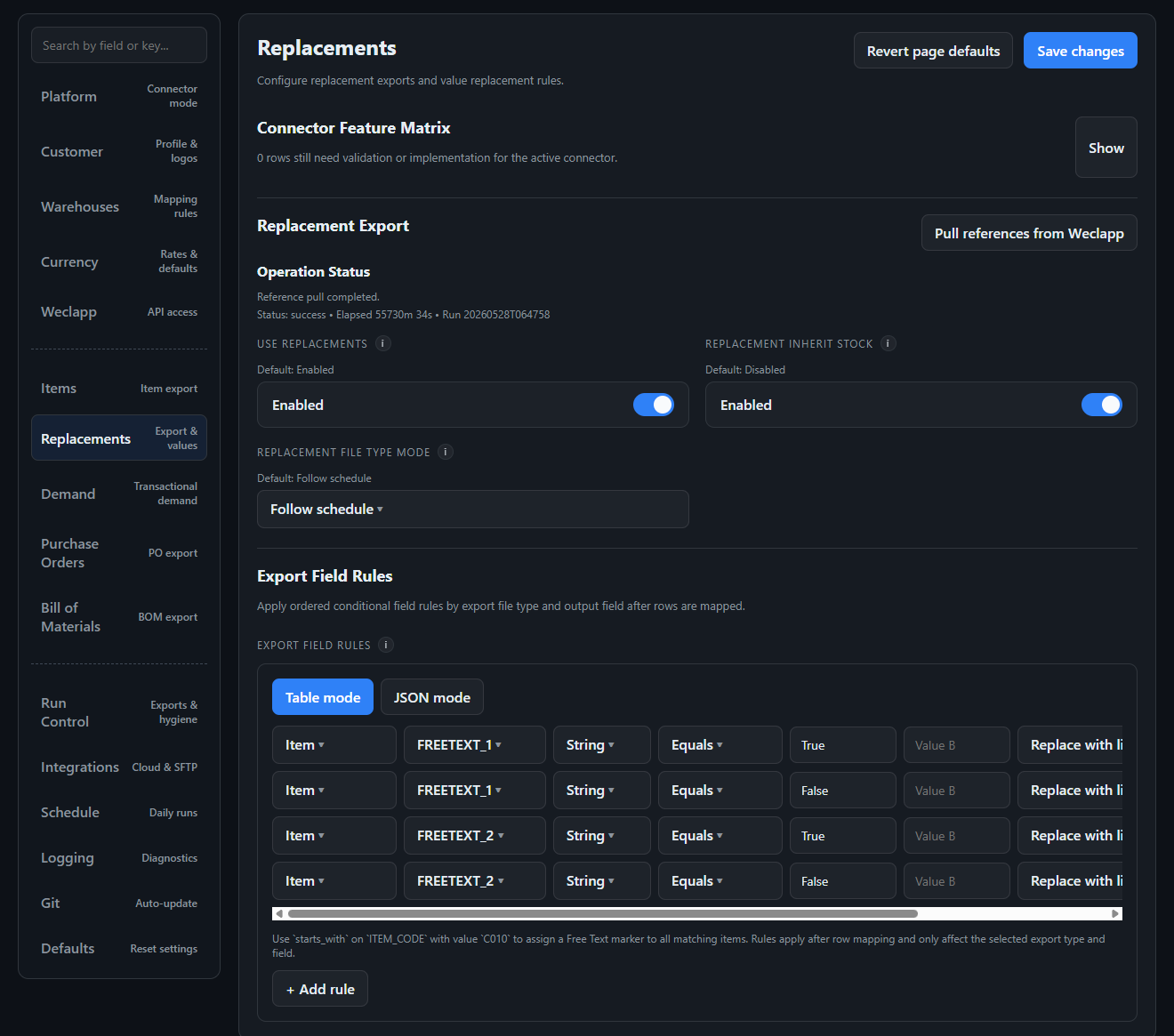 EazyERP Admin-UI: Export Field Rules mit bedingten Wert-Ersetzungen je Feld