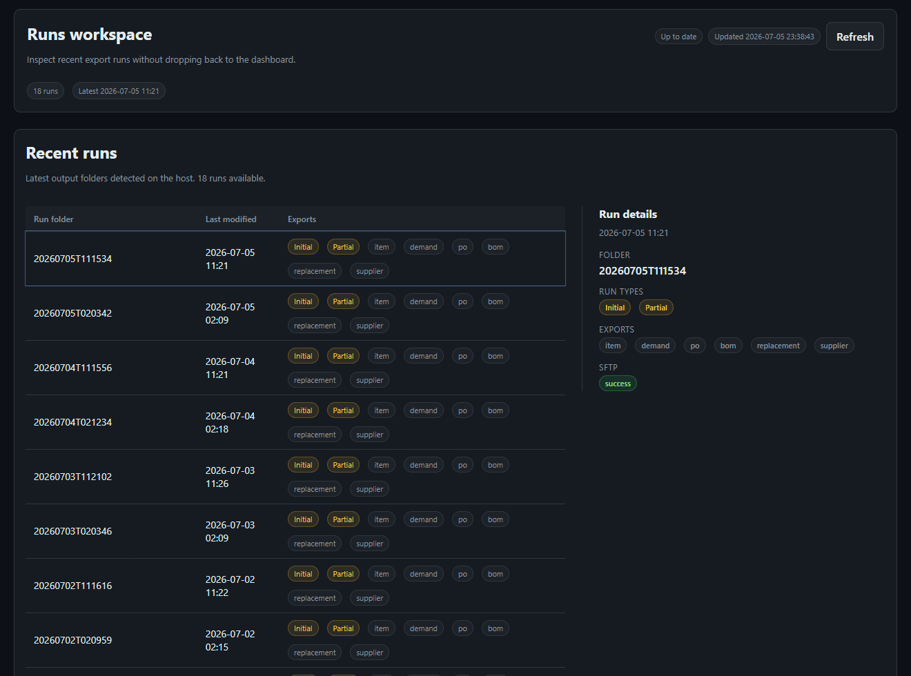 EazyERP Admin-UI: Historie der Läufe mit Exporttypen und SFTP-Status